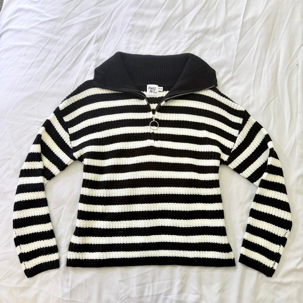Princess Polly Striped Knit Sweater Black White Quarter Zip O-Ring XS/S